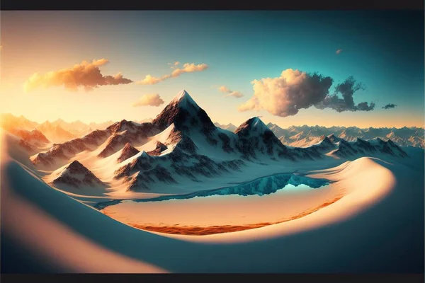 A Painting Of A Mountain Range With A Sunset In The Background And Clouds In The Sky Above It, With A Blue Sky And Yellow Sun In The Middle, A Matte Painting, Computer Art, Matte Painting