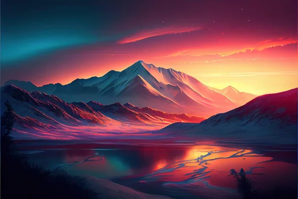 A Painting Of A Mountain Range With A Lake In The Foreground And A Sunset In The Background With A Bright Orange And Pink Sky And Blue Hue, A Matte Painting, Space Art, Mountains