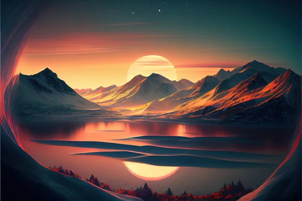 A Painting Of A Sunset Over A Mountain Range With A Lake And Mountains In The Foreground And A Full Moon In The Background, With A Red And Orange Hue, A Detailed Matte Painting, Space Art, Cinematic