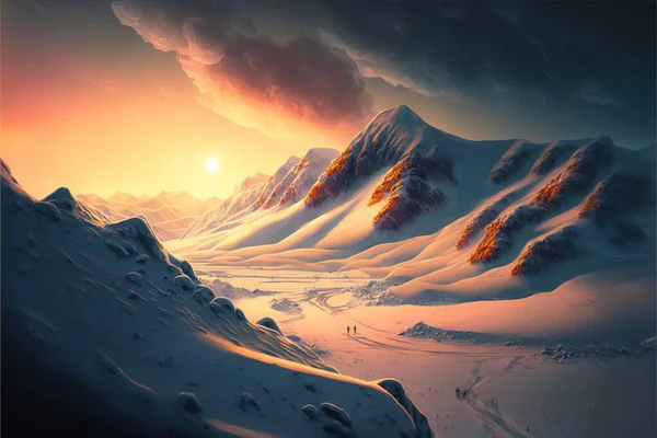 A Painting Of A Snowy Mountain With A Sunset In The Background And A Person Walking On The Snow Path In The Foreground, With A Mountain In The Background, A Matte Painting, Fantasy Art, Cinematic