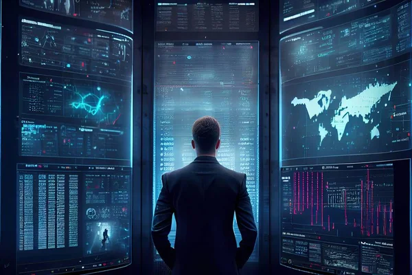 A Man Standing In Front Of A Wall Of Monitors With Data On Them In A Dark Room With A Map Of The World On The Wall And A Man In The Middle, Computer Graphics, Les Automatistes, Cyberpunk