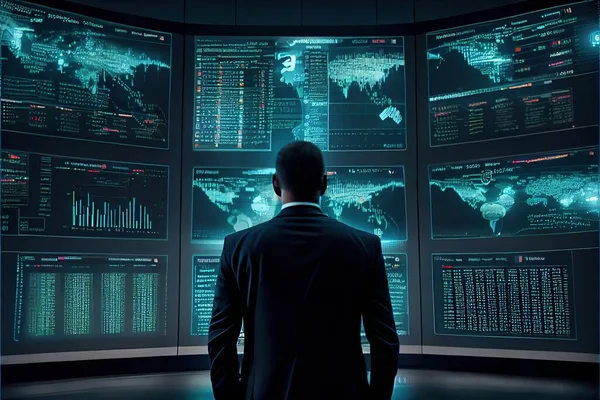 A Man In A Suit Looking At A Wall Of Monitors With Data On Them In A Dark Room With A Man In A Suit Looking At A Wall Of Monitors, Computer Graphics, Les Automatistes, Cyberpunk Style