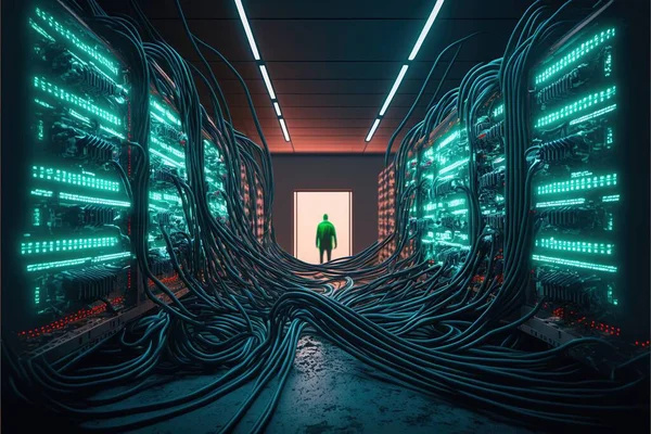 A Man Standing In A Room With Wires All Over It And A Tunnel Of Wires Running Through It To The Other Side Of The Room, With A Man Standing In The Middle, Cyberpunk Art, Generative Art, Redshift