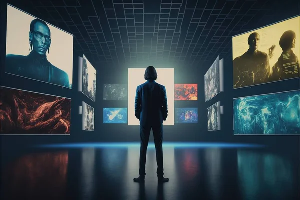 A Man Standing In Front Of A Wall Of Pictures Of People In A Room With A Man In A Suit Looking At Them In The Distance, With A Dark Background, Computer Graphics, Video Art, Cinema 4 D