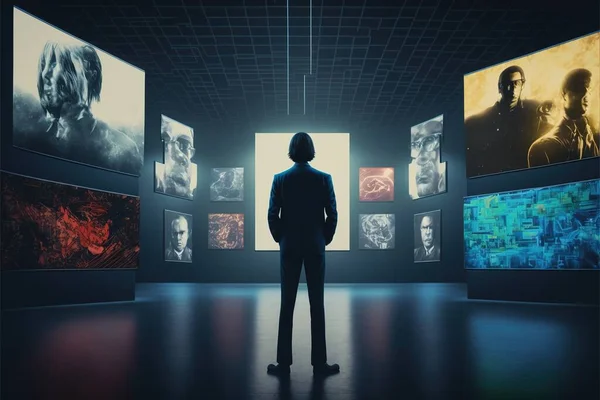 A Man Standing In Front Of A Wall Of Movie Posters In A Dark Room With A Man Looking At Them In The Distance, With A Dark Background, Computer Graphics, Video Art, Unreal Engine Render