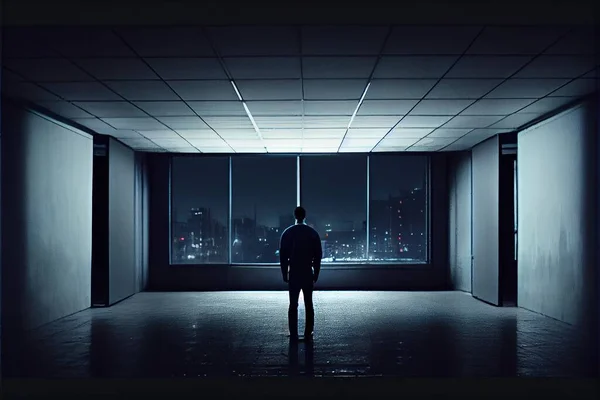 A Man Standing In A Dark Room With A City View Outside Of The Window At Night Time, Looking Out At The City Lights From The Window,, A Matte Painting, Minimalism, Dim Volumetric Lighting