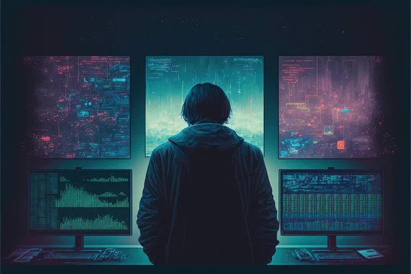 A Man Standing In Front Of A Computer Monitor With Multiple Monitors On Its Sides And A Cityscape In The Background, With A Person Looking At The Monitor, Cyberpunk Art, Computer Art, Cyberpunk