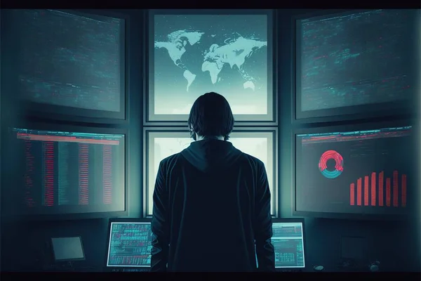 A Man Standing In Front Of A Window With Multiple Monitors On It And A World Map On The Wall Behind Him, In A Dark Room With Multiple Monitors, Cyberpunk Art, Computer Art, Cyberpunk Style