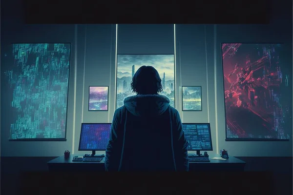 A Person Standing In Front Of A Computer Desk With Multiple Monitors On It And A Person Looking Out The Window At The Computer Screen And The Screen With A Lot Of, Cyberpunk Art, Computer Art, Dan