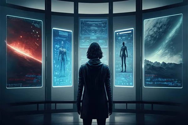 A Person Standing In Front Of A Window Looking At A Space Scene With A Man In A Black Coat And A Woman In A Black Coat Looking At A Window, A Detailed Matte Painting, Space Art, Promotional Image