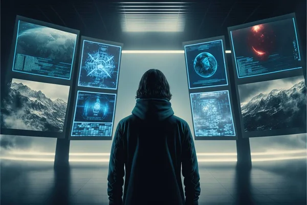 A Man Standing In Front Of A Wall Of Monitors With Multiple Screens On Its Sides And A Hoodie On His Head, In A Dark Room With A Dark Background, Computer Graphics, Computer Art, Tech Wear