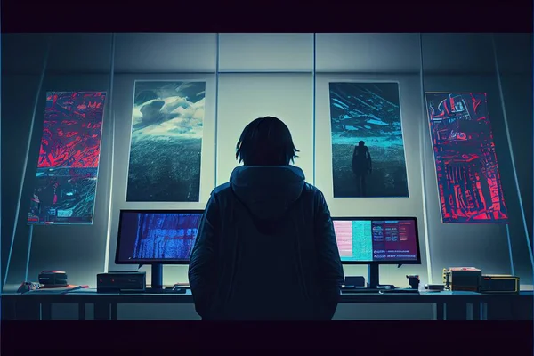 A Person Standing In Front Of A Computer Desk With Multiple Monitors On It And A Person Standing In Front Of Them Looking At Them In The Distance With A Dark Room, Cyberpunk Art, Computer Art