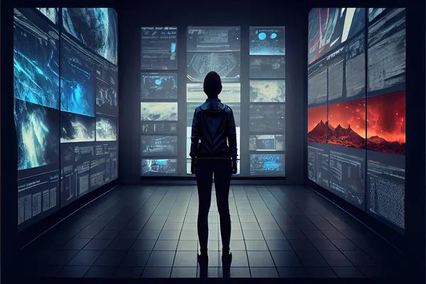 A Person Standing In A Room With Many Screens On The Walls And A Person Standing In The Middle Of The Room Looking At Them In The Distance,, Concept Art, Computer Art, Mass Effect