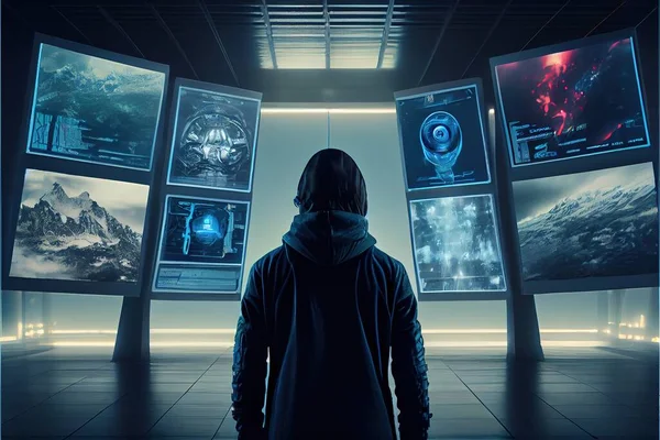A Man Standing In Front Of A Wall Of Pictures Of Mountains And Planets In A Dark Room With A Man Looking At Them In The Distance With A Hoodie, Computer Graphics, Computer Art, Promotional Image