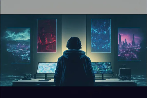 A Person Standing In Front Of A Computer Desk With A Monitor And Keyboard On It, In Front Of A Window With Cityscape Images On It, Cyberpunk Art, Computer Art, Trending On Art Station