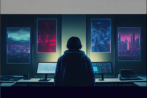 A Man Is Looking At A Computer Screen With Multiple Screens On It And A City In The Background At Night Time, With A Person Standing In Front Of A Desk With A Computer, Cyberpunk Art, Computer Art