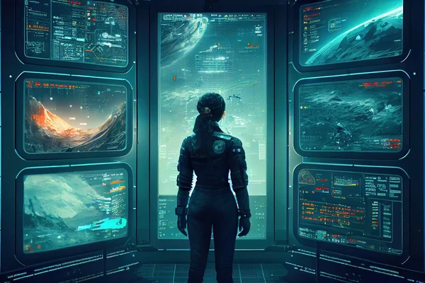 A Woman Standing In Front Of A Wall Of Monitors In A Sci - Fi Environment With Planets And Stars In The Background, In A Futuristic Space Station, A Detailed Matte Painting, Space Art, Cgstudio
