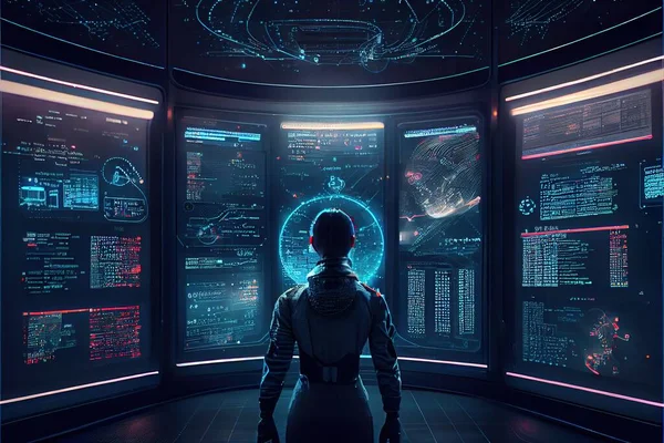 A Woman Standing In Front Of A Futuristic Display Of Data And Information In A Dark Room With Neon Lights And A Circular Window With A Circular Shape Of A, Concept Art, Space Art, Mass Effect