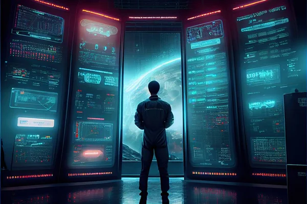A Man Standing In Front Of A Wall Of Computer Screens In A Futuristic Setting With A Planet In The Background And A Distant Area With A Lot Of Lights, A Detailed Matte Painting, Computer Art, Redshift