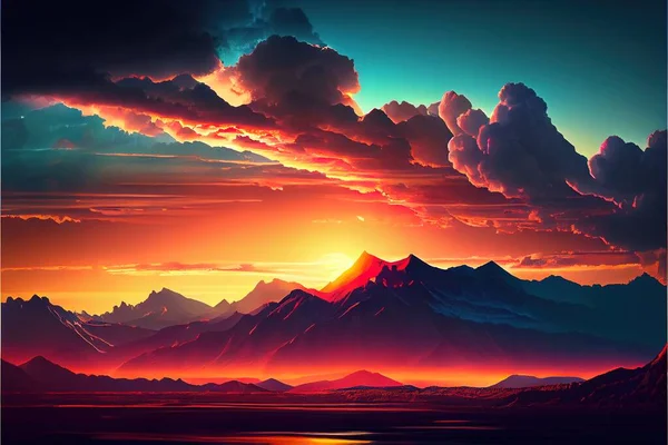 A Painting Of A Sunset With Mountains In The Background And Clouds In The Sky Above It, And A Lake Below It, With A Few Clouds In The Foreground, A Matte Painting, Computer Art, Colorful Clouds