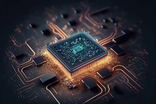 A Computer Chip On A Circuit Board With Many Other Electronic Components Surrounding It And A Glowing Light Coming From The Top Of The Chip On The Board,, Computer Graphics, Computer Art, Raytracing