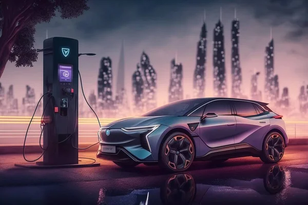 A futuristic car is charging at a gas station in the city at night time with a city skyline in the background realistic render a digital rendering panfuturism