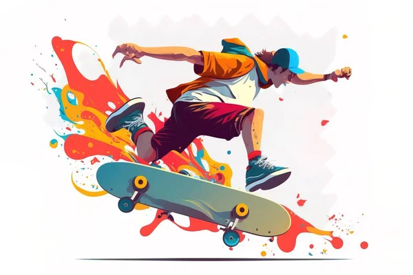 A man riding a skateboard through the air with paint splatters on it colorful flat surreal design graffiti art lyco art
