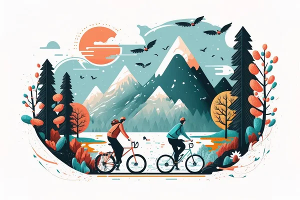 Two people riding bikes in the woods with mountains in the background and birds flying overhead editorial illustration a storybook illustration lyco art