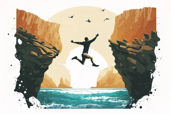 A man jumping off a cliff into the ocean from a cliff with birds flying over it extreme illustration art lyco art