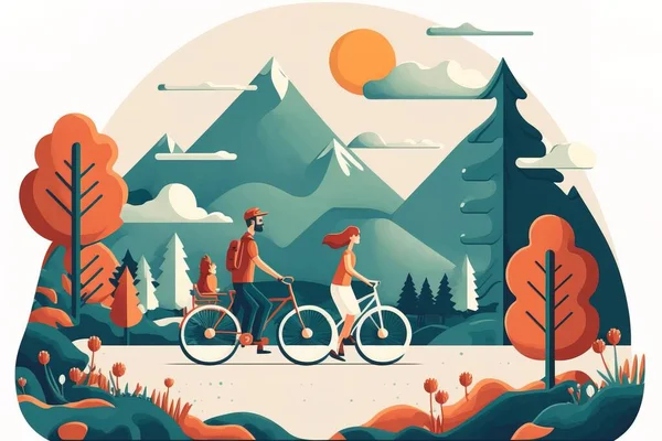 A couple of people riding bikes down a road next to a forest filled with trees editorial illustration a storybook illustration process art
