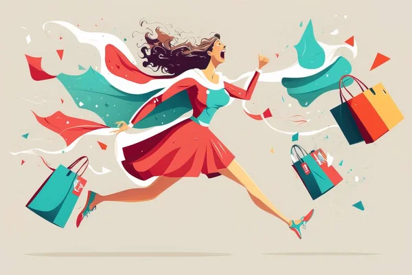 A woman running with shopping bags and a gift bag in her hand and a windblown flying behind her editorial illustration a storybook illustration lyco art