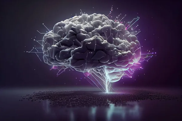 A computer generated image of a brain in a dark room with a purple background and a reflection of the brain cinema 4 d a 3d render generative art