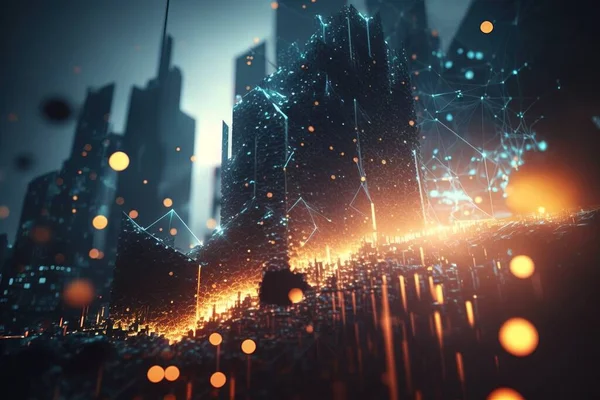 A futuristic city with a lot of lights and buildings in the background with a lot of dots on the ground cinema 4 d a 3d render generative art