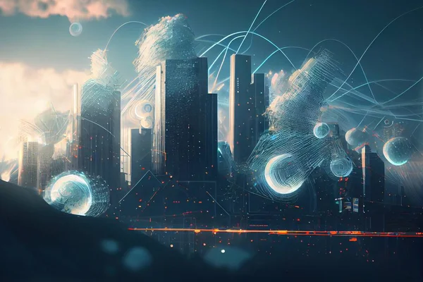 A futuristic city with a lot of lights and smoke in the sky and a lot of bubbles cinematic matte painting a matte painting futurism