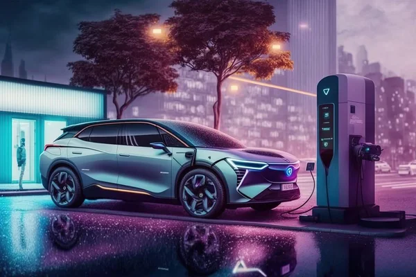 A futuristic car charging at a gas station in the city at night with a cityscape in the background ue 5 a digital rendering retrofuturism
