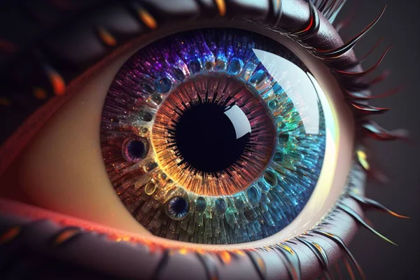A close up of a colorful eye with a black background and a black circle in the center realistic eyes a 3d render psychedelic art
