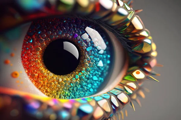 A close up of a colorful eye with a black circle in the center of the eye realistic eyes a 3d render psychedelic art