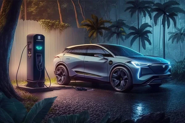 A futuristic car charging at a charging station in the forest at night with palm trees ue 5 a digital rendering photorealism