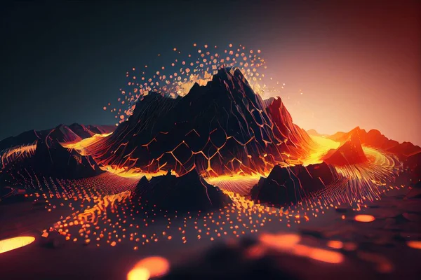 A computer generated image of a mountain with lava and lava surrounding it and a bright orange glow liam brazier computer graphics generative art