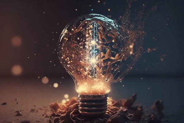 A light bulb with a glowing light inside of it on a table with dirt and rocks dynamic lights computer graphics incoherents