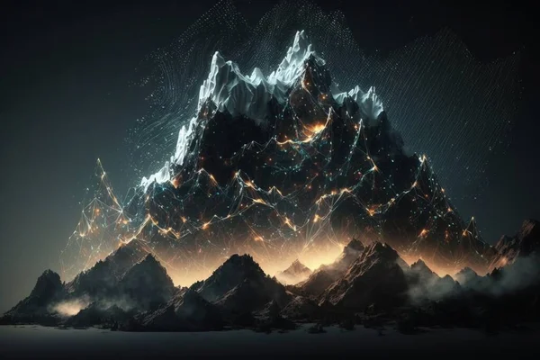 A mountain with a lot of lights in it\'s night sky and a lot of clouds cinematic matte painting a detailed matte painting video art
