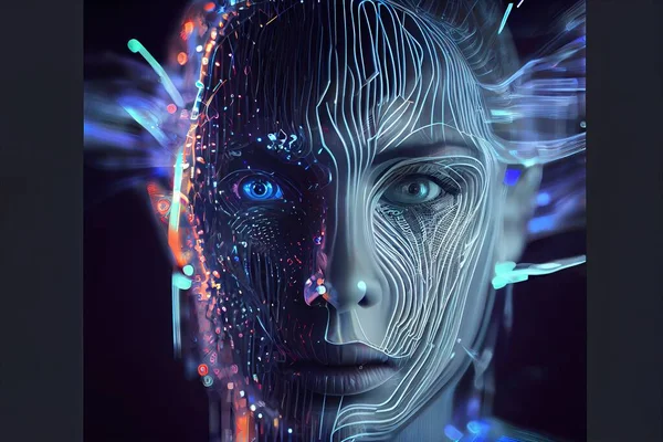 A woman with a futuristic face and a futuristic background with lines and dots on her face cgstudio cyberpunk art holography