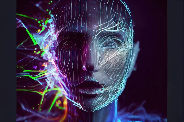 A woman\'s face with a neon background and lines on it and a neon background highly detailed digital art cyberpunk art holography