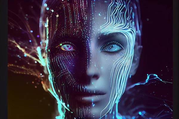 A woman with a futuristic face and a circuit board pattern on her face with a glowing blue background cybernetic cyberpunk art computer art