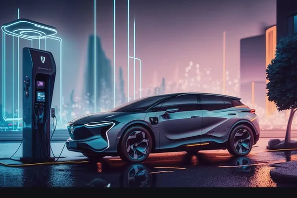 A futuristic car is charging in a city at night with a cityscape in the background ue 5 a digital rendering retrofuturism