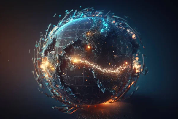 A digital globe with a network of lights in the middle of it and a dark background redshift render a 3d render space art