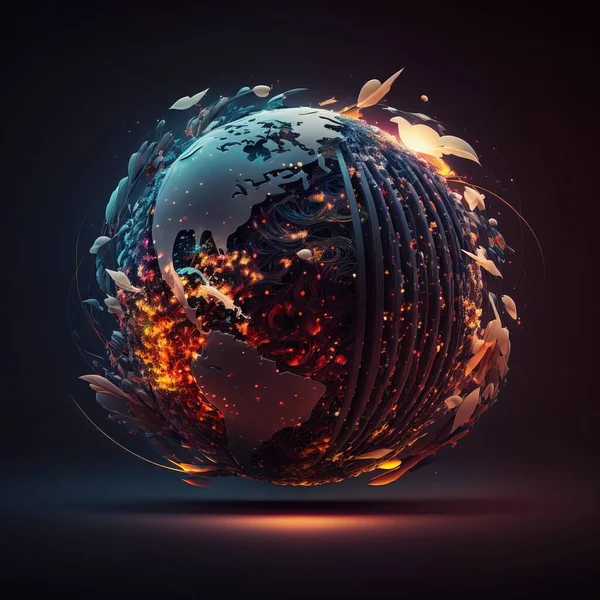A stylized image of a globe with a lot of fire and smoke around it on a dark background global illumination a 3d render environmental art