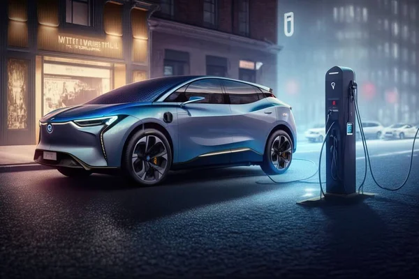 A futuristic car charging in the street at night with a city street light in the background ue 5 a digital rendering panfuturism