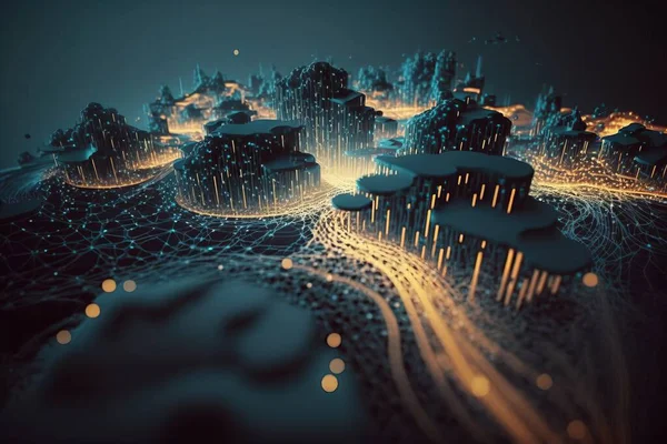 A computer generated image of a city with lots of lights and snow on it\'s surface volumetric lights computer graphics generative art