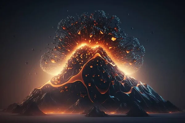 A volcano with lava and lava surrounding it in the night sky with bright lights and a bright lava a 3d render generative art